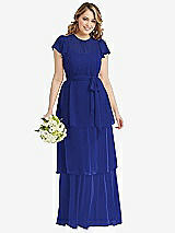 Front View Thumbnail - Cobalt Blue Flutter Sleeve Jewel Neck Chiffon Maxi Dress with Tiered Ruffle Skirt