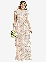 Front View Thumbnail - Coquette Floral Print Flutter Sleeve Jewel Neck Chiffon Maxi Dress with Tiered Ruffle Skirt