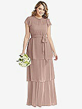 Front View Thumbnail - Neu Nude Flutter Sleeve Jewel Neck Chiffon Maxi Dress with Tiered Ruffle Skirt