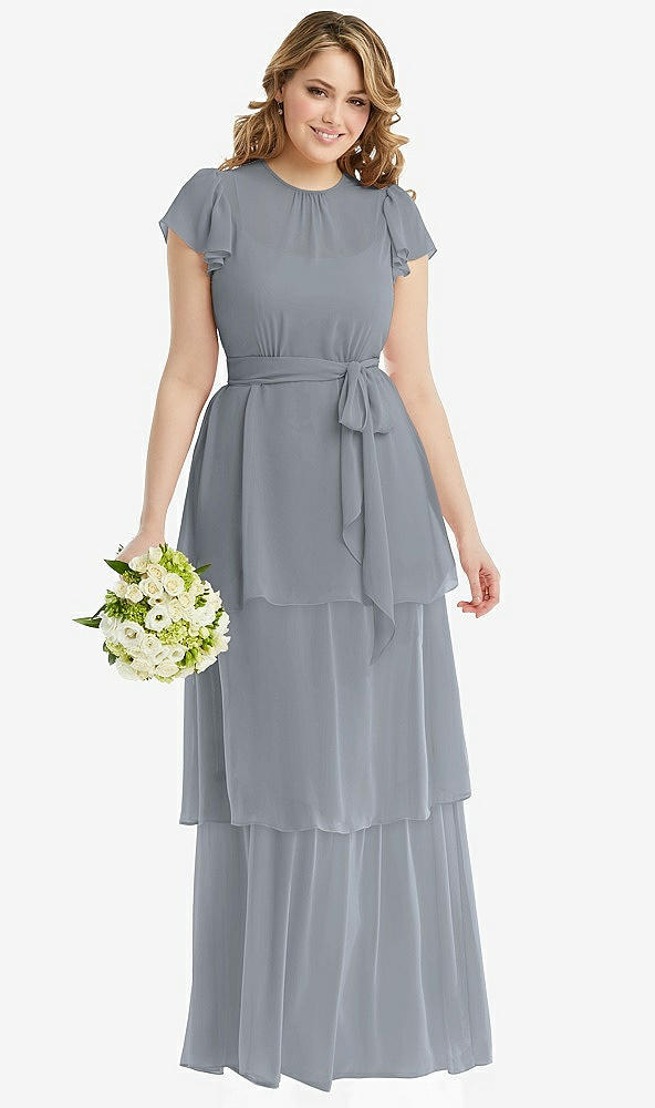 Front View - Platinum Flutter Sleeve Jewel Neck Chiffon Maxi Dress with Tiered Ruffle Skirt