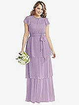 Front View Thumbnail - Pale Purple Flutter Sleeve Jewel Neck Chiffon Maxi Dress with Tiered Ruffle Skirt