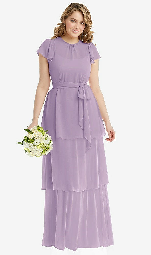 Front View - Pale Purple Flutter Sleeve Jewel Neck Chiffon Maxi Dress with Tiered Ruffle Skirt