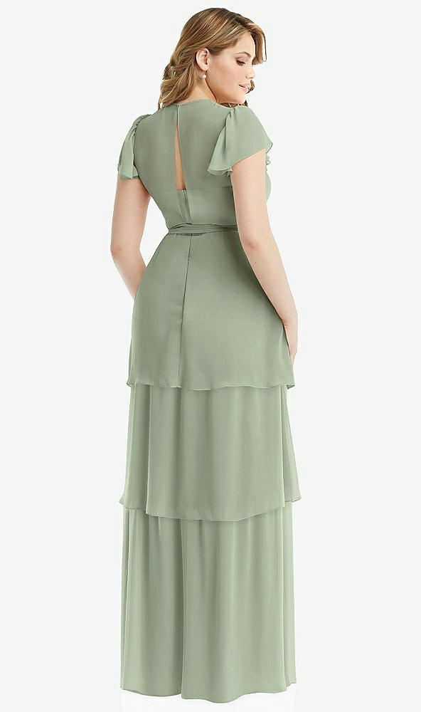 Back View - Sage Flutter Sleeve Jewel Neck Chiffon Maxi Dress with Tiered Ruffle Skirt