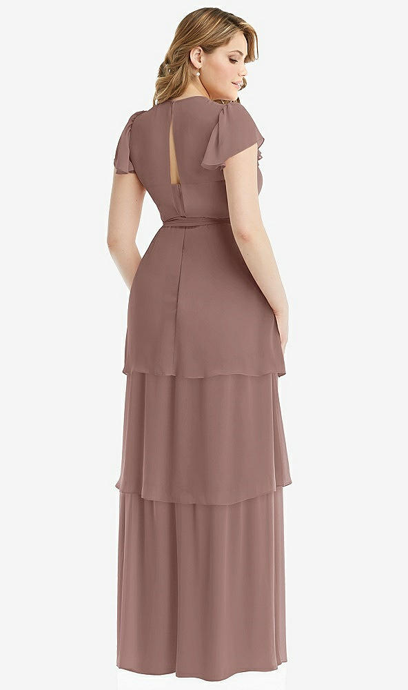 Back View - Sienna Flutter Sleeve Jewel Neck Chiffon Maxi Dress with Tiered Ruffle Skirt