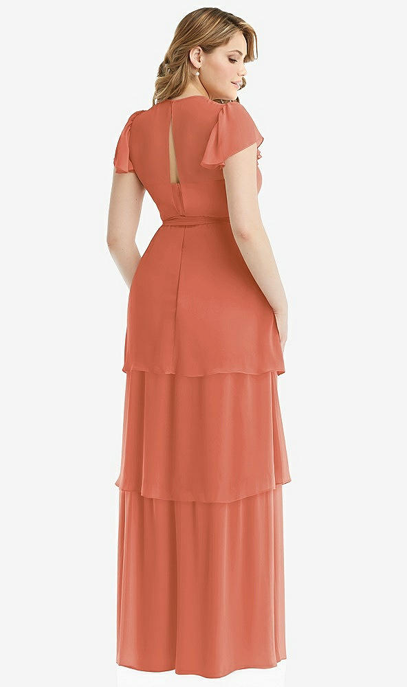 Back View - Terracotta Copper Flutter Sleeve Jewel Neck Chiffon Maxi Dress with Tiered Ruffle Skirt