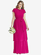 Front View Thumbnail - Think Pink Flutter Sleeve Jewel Neck Chiffon Maxi Dress with Tiered Ruffle Skirt