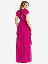 Rear View Thumbnail - Think Pink Flutter Sleeve Jewel Neck Chiffon Maxi Dress with Tiered Ruffle Skirt