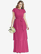 Front View Thumbnail - Tea Rose Flutter Sleeve Jewel Neck Chiffon Maxi Dress with Tiered Ruffle Skirt