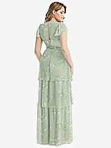 Rear View Thumbnail - Vintage Primrose Sage Flutter Sleeve Jewel Neck Chiffon Maxi Dress with Tiered Ruffle Skirt