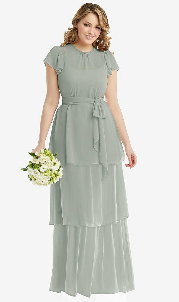 Front View - Willow Green Flutter Sleeve Jewel Neck Chiffon Maxi Dress with Tiered Ruffle Skirt