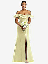 Alt View 2 Thumbnail - Butter Yellow Off-the-Shoulder Ruffle Neck Satin Trumpet Gown