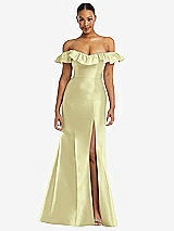 Alt View 3 Thumbnail - Butter Yellow Off-the-Shoulder Ruffle Neck Satin Trumpet Gown