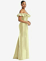 Alt View 4 Thumbnail - Butter Yellow Off-the-Shoulder Ruffle Neck Satin Trumpet Gown