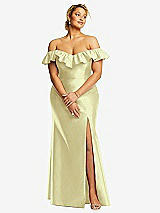 Front View Thumbnail - Butter Yellow Off-the-Shoulder Ruffle Neck Satin Trumpet Gown