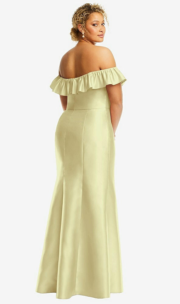 Back View - Butter Yellow Off-the-Shoulder Ruffle Neck Satin Trumpet Gown