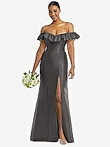 Alt View 1 Thumbnail - Caviar Gray Off-the-Shoulder Ruffle Neck Satin Trumpet Gown