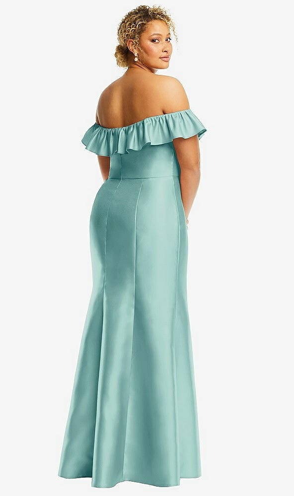 Back View - Coastal Off-the-Shoulder Ruffle Neck Satin Trumpet Gown