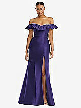 Alt View 3 Thumbnail - Grape Off-the-Shoulder Ruffle Neck Satin Trumpet Gown