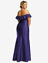 Rear View Thumbnail - Grape Off-the-Shoulder Ruffle Neck Satin Trumpet Gown