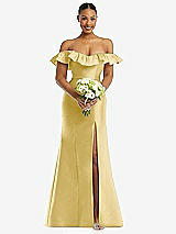 Alt View 2 Thumbnail - Maize Off-the-Shoulder Ruffle Neck Satin Trumpet Gown