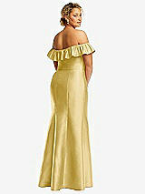 Rear View Thumbnail - Maize Off-the-Shoulder Ruffle Neck Satin Trumpet Gown