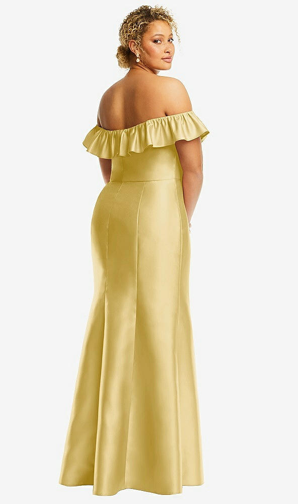 Back View - Maize Off-the-Shoulder Ruffle Neck Satin Trumpet Gown