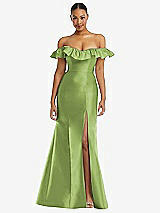 Alt View 3 Thumbnail - Mojito Off-the-Shoulder Ruffle Neck Satin Trumpet Gown