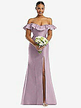 Alt View 2 Thumbnail - Suede Rose Off-the-Shoulder Ruffle Neck Satin Trumpet Gown