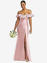 Alt View 1 Thumbnail - Ballet Pink Off-the-Shoulder Ruffle Neck Satin Trumpet Gown