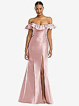 Alt View 3 Thumbnail - Ballet Pink Off-the-Shoulder Ruffle Neck Satin Trumpet Gown