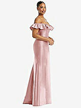 Alt View 4 Thumbnail - Ballet Pink Off-the-Shoulder Ruffle Neck Satin Trumpet Gown