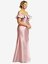 Side View Thumbnail - Ballet Pink Off-the-Shoulder Ruffle Neck Satin Trumpet Gown