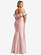 Rear View Thumbnail - Ballet Pink Off-the-Shoulder Ruffle Neck Satin Trumpet Gown