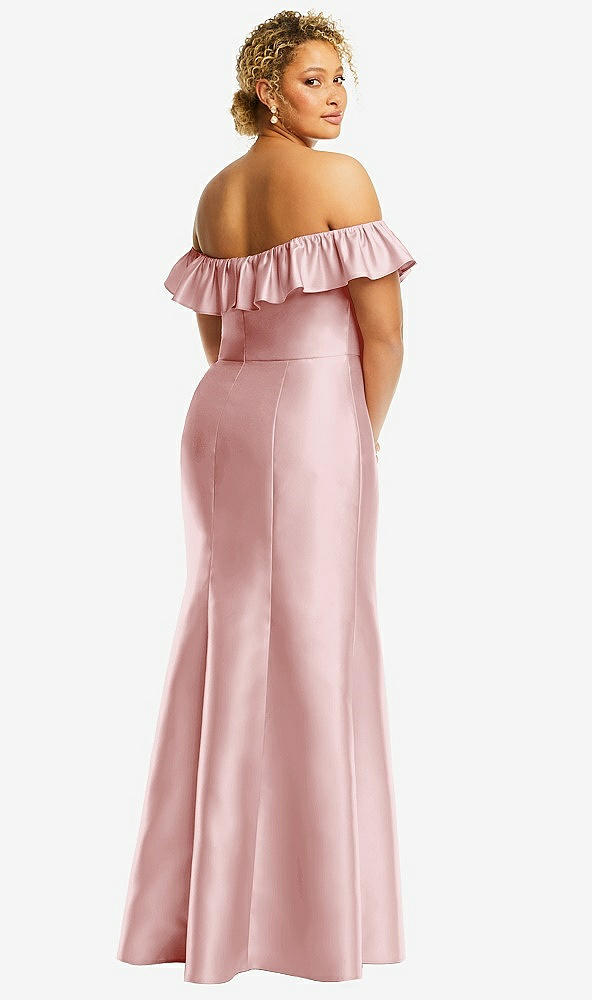 Back View - Ballet Pink Off-the-Shoulder Ruffle Neck Satin Trumpet Gown