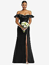 Alt View 2 Thumbnail - Black Off-the-Shoulder Ruffle Neck Satin Trumpet Gown