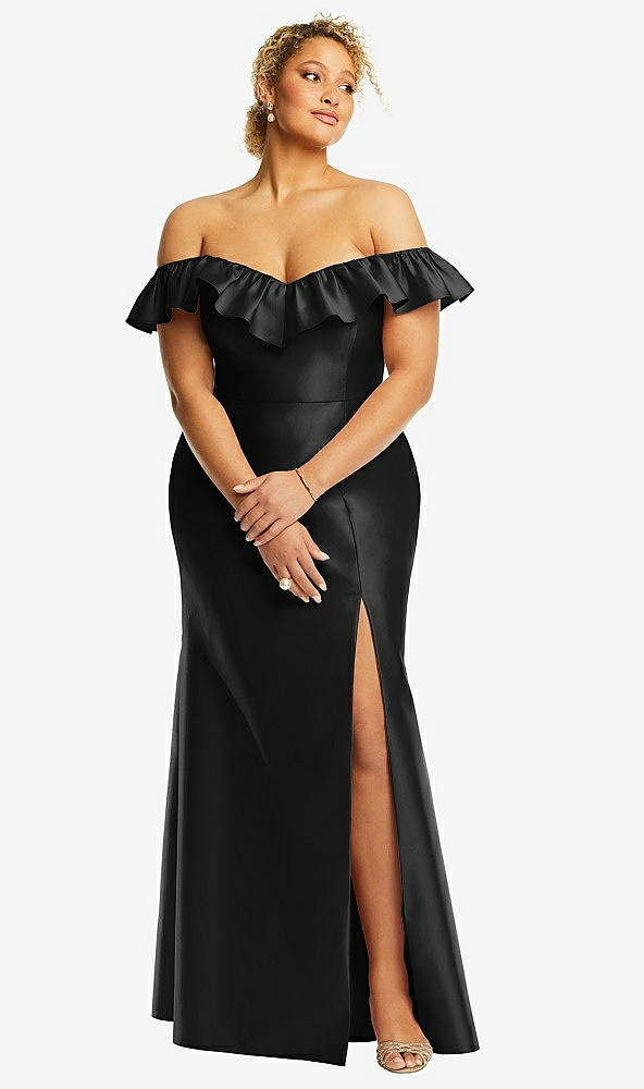 Front View - Black Off-the-Shoulder Ruffle Neck Satin Trumpet Gown