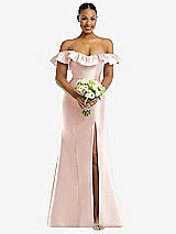 Alt View 2 Thumbnail - Blush Off-the-Shoulder Ruffle Neck Satin Trumpet Gown