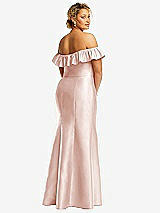 Rear View Thumbnail - Blush Off-the-Shoulder Ruffle Neck Satin Trumpet Gown