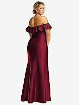 Rear View Thumbnail - Burgundy Off-the-Shoulder Ruffle Neck Satin Trumpet Gown