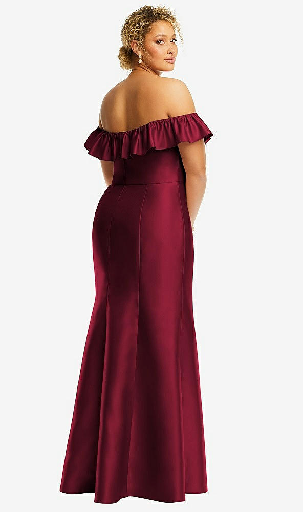 Back View - Burgundy Off-the-Shoulder Ruffle Neck Satin Trumpet Gown