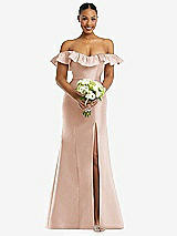 Alt View 2 Thumbnail - Cameo Off-the-Shoulder Ruffle Neck Satin Trumpet Gown