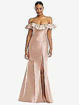 Alt View 3 Thumbnail - Cameo Off-the-Shoulder Ruffle Neck Satin Trumpet Gown