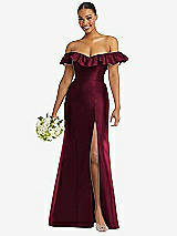 Alt View 1 Thumbnail - Cabernet Off-the-Shoulder Ruffle Neck Satin Trumpet Gown