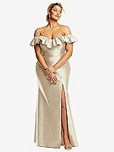 Front View Thumbnail - Champagne Off-the-Shoulder Ruffle Neck Satin Trumpet Gown