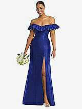 Alt View 1 Thumbnail - Cobalt Blue Off-the-Shoulder Ruffle Neck Satin Trumpet Gown