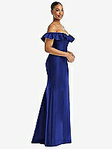 Alt View 4 Thumbnail - Cobalt Blue Off-the-Shoulder Ruffle Neck Satin Trumpet Gown