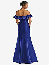 Alt View 5 Thumbnail - Cobalt Blue Off-the-Shoulder Ruffle Neck Satin Trumpet Gown