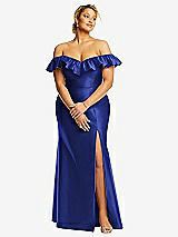 Front View Thumbnail - Cobalt Blue Off-the-Shoulder Ruffle Neck Satin Trumpet Gown