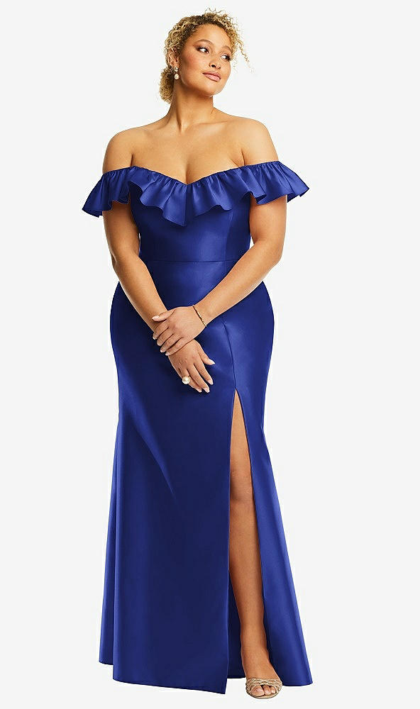 Front View - Cobalt Blue Off-the-Shoulder Ruffle Neck Satin Trumpet Gown