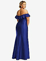 Rear View Thumbnail - Cobalt Blue Off-the-Shoulder Ruffle Neck Satin Trumpet Gown